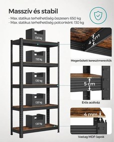Nagy teherbírású tárolópolc, 5 állítható polccal, 650 kg teherbírás, 75 x 30 x 150 cm, rusztikus barna/fekete