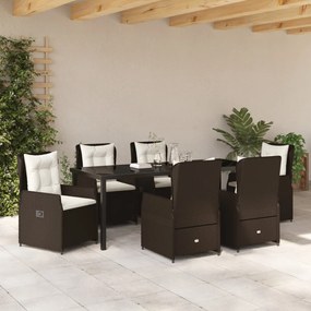 7 Darabos Kerti Étkezőszett Barna Poli Rattan, Kerti Asztal Fekete 200x80x73 cm Edzett Üveggel