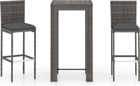 vidaXL 3 részes szürke polyrattan kerti bárszett párnákkal