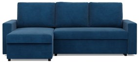 Zeus sarokkanapé, 2 ágyneműtartóval, egyenes kartámasz, kordbársony, univerzális oldal, hab töltet, kék