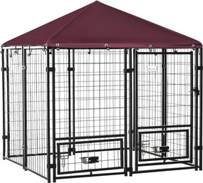 PawHut Kültéri Kutya Ketrec, Acél Állatdoboz Zárral, 2 Forgó Tál, és Oxford Szövet Fedél, Fekete és Piros Kennel | Aosom