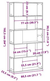 5 szintes fekete szerelt fa könyvespolc 80,5 x 23,5 x 162,5 cm