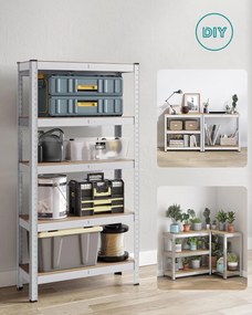 5 szintes polcrendszer, acél polcrendszer tároláshoz, csavarmentes összeszerelés, teherbírás 650 kg, 30 x 75 x 150 cm, ezüst
