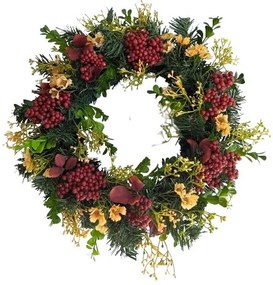 Mesterséges koszorú bogyókkal és apró virágokkal,30 cm átmérővel