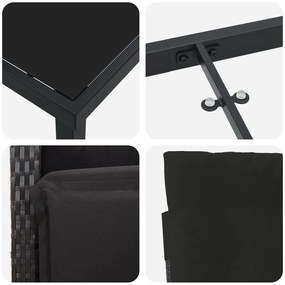 5 Részes Kerti Étkező Készlet Párnákkal - Fekete Polirattan, Kerti Asztal Fekete 80x80x73 cm Edzett Üveg