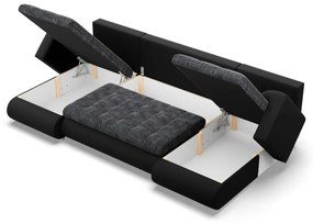 Tokio U alakú sarokkanapé, 3 ágyneműtartóval, fonott + műbőr, univerzális oldal, szürke - fekete