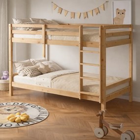 Emeletes ágy, 90x200, tömör fa, natúr, INEZA