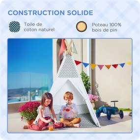 HOMCOM Indián Teepee Sátor Gyerekeknek - 1,2L x 1,2W x 1,55H m - Zárható Ajtó Ablak, Padlómatrac, Párna, Hordtáska Tartozik - Beltéri és Kültéri Szürk