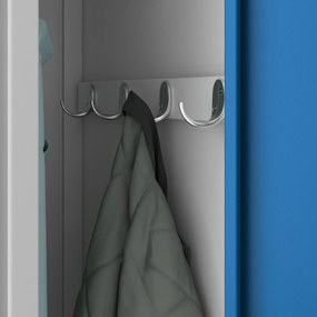 Pléh öltözőszekrény talpazaton, kétmodulos, polccal és köztes fallal KACPER, 800 x 1800 x 500 mm, szürke-kék