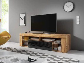 TV-szekrény 140 cm, Wotan tölgy/magasfényű fekete színkombinációban, LED-világítással EVEREST HUGO