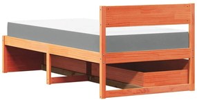 viaszbarna tömör fenyőfa ágy fiókokkal és matraccal 90 x 200 cm