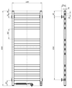 Fürdőszobai törölközőszárító radiátor termosztáttal AVANGARD 459W/230V 120,6cm IP44 fekete pr.