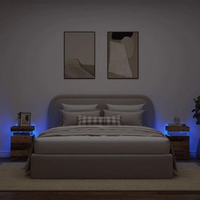 2 db antik fa színű szerelt fa LED-es éjjeliszekrény 35x39x55cm