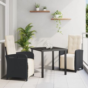 3 darabos kerti étkezősor párnákkal fekete poli rattan, kerti asztal fekete 80x80x73 cm edzett üveggel