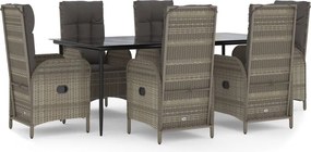 vidaXL 7 részes fekete és szürke polyrattan kerti étkezőszett párnával