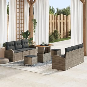 9 részes kerti kanapészett párnákkal, szürke poli rattan akácián, 2 személyes kerti kanapé párnákkal, szürke poli rattan, 3 részes kerti étkező szett párnákkal, szürke poli rattan akácián