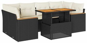6 részes fekete polyrattan akácfa kerti ülőgarnitúra párnákkal
