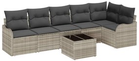 7 részes kerti kanapé szett párnákkal szürke Poly Rattan, 2 fős kerti kanapé tárolóval és párnákkal világosszürke Poly Rattan