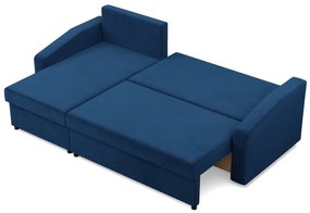 Zeus sarokkanapé, 2 ágyneműtartóval, döntött kartámasz, bársony, univerzális oldal, hab töltet, kék