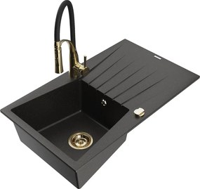 Mexen Cesar 1-medencés gránit mosogató elvezetővel és Aster konyhai csapteleppel, fekete/arany metál - 6514-75-73450-57-G