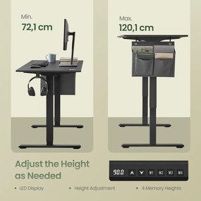 Elektromos állítható magasságú íróasztal, 160×70 cm, 4 memóriapozícióval, fekete