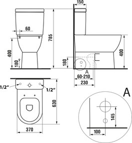 Aqualine Sapho, JALTA RIMLESS WC kombi csésze tartály öblítőkészlettel, alul / hátul