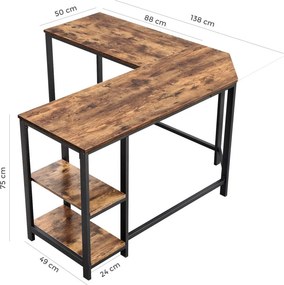 Sarok íróasztal polcokkal, rusztikus barna 138x138x76cm