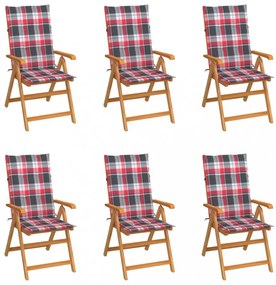 6 db tömör tíkfa kerti szék piros kockás párnákkal