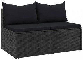2 db fekete polyrattan kerti középső kanapé párnákkal