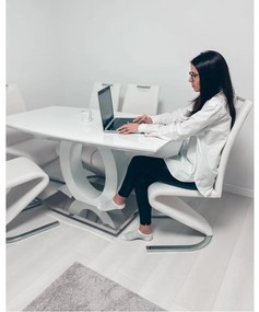 Étkezőasztal, fehér magas fény/acél, 150x80 cm, ZARNI