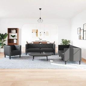 3 részes fekete műbőr Chesterfield kanapégarnitúra