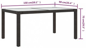 barna polyrattan és edzett üveg kerti asztal 150 x 90 x 75 cm