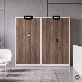 Fém irodai szekrény kódzárral, fehér, dió, 900x1850x400 mm: DANIEL Eco Design