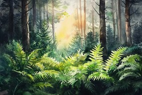 Vászonkép Canvas Akvarell Tájkép Erdő Fák Páfrány Növényzet 60x40