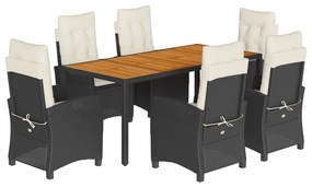 7 részes fekete polyrattan kerti étkezőgarnitúra párnával