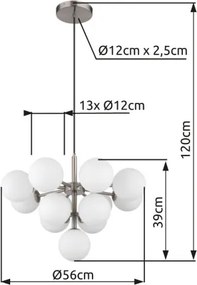 Globo 56143-13N Függeszték fém matt nikkel, fehér színű üveg gömbök, fekete textil kábel, ø: 560mm, M: 1200mm, 13x G9 LED 5W 230V izzók nélkül