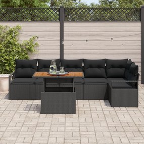 7 darabos Kerti Kanapé Szett Párnákkal Fekete Poli Rattan Akáciával, 2 Fős Kerti Kanapé Párnákkal Fekete Poli Rattan