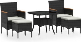 vidaXL 5 részes fekete polyrattan és edzett üveg kerti étkezőgarnitúra