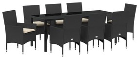 9 részes Kerti Étkezőszett Párnákkal Fekete Poli Rattan, Kerti Asztal Fekete 200x80x73 cm Edzett Üveg