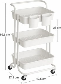 3 szintes kerekeken guruló tároló polc, fogantyúval, fehér színben