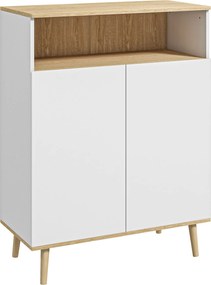 HOMCOM Tároló Szekrény, Konyha Buffé, Állítható Polccal, 2-ajtós Szekrény, 80 x 38 x 102 cm, Skandináv Dizájn, Tömör Fa Lábakkal, Fehér és Fa Árnyalat