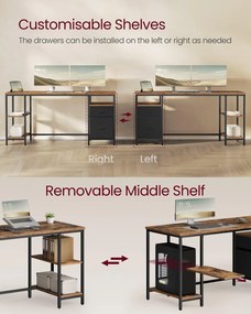 Íróasztal tárolóval, 3 polccal, 2 fiókkal, rusztikus barna-fekete, 160x60 cm