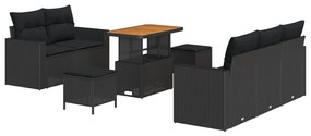 8 darabos kerti kanapé szett párnákkal fekete poly rattan akáccal, 3 darabos kerti étkező szett párnákkal fekete poly rattan akáccal