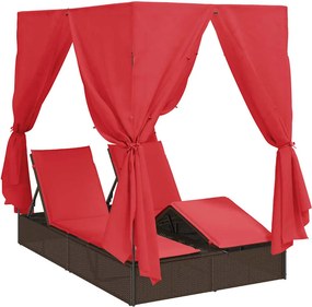 vidaXL Dupla napozóágy Állítható Piros 205 x 129 x 200 cm polirattan