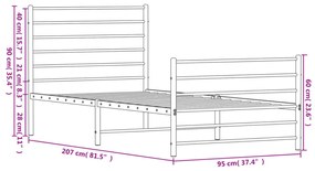 fekete fém ágykeret fej- és lábtámlával 90 x 200 cm