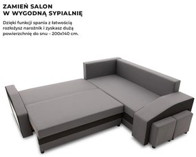 Grande sarokkanapé polcokkal és puffokkal , polc a bal karfaban puffok a jobb karfaban, jobboldali, szövet anyag, bonell töltet, szürke - fekete