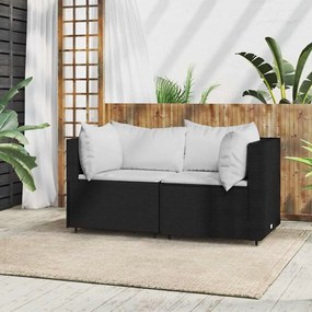 2 db fekete polyrattan kerti sarokkanapé párnákkal
