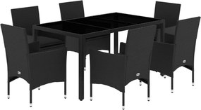 vidaXL 7 részes fekete polyrattan/üveg kerti étkezőgarnitúra párnával