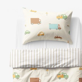 Goldea gyermek pamut ágyneműhuzat - az autók világa, latte csíkos hátoldal 140 x 200 és 70 x 90 cm