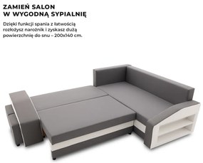 Grande sarokkanapé polcokkal és puffokkal , polc a jobb karfaban puffok a bal karfaban, jobboldali, szövet anyag, bonell töltet, szürke - fehér